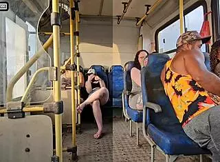 married brunette flirts with a stranger on the bus, ends up sucking his big cock