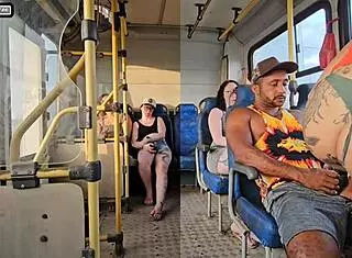 married brunette flirts with a stranger on the bus, ends up sucking his big cock