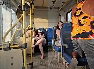 married brunette flirts with a stranger on the bus, ends up sucking his big cock