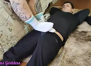 Curious goddess gives footjob in white socks with feet masturbation 😏
