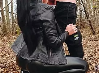 Long haired brunette teen 18+ gets facefucked in leather outdoors