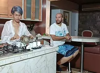 relaxing after a long day with stepsister in the kitchen, subtle moves