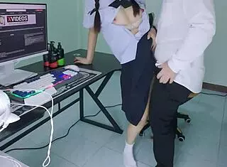 young thai student gets fucked by senior in dorm pov, squirting and moaning loudly in cosplay.