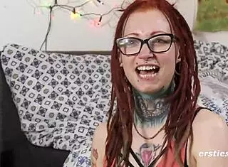 redhead with glasses masturbates to orgasm with fingering and clit play