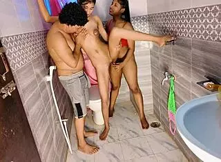 I'm in this desi bengali threesome with two girls and a boy in the bathroom