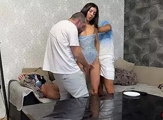 Sex wife invites two guys to group sex in front of her cuckold husband