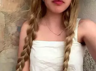 Horny blonde waits for stepdad outside house in front yard