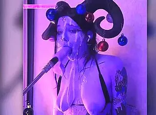 The devil in cosplay passionately gives blowjobs after being filled with cum.