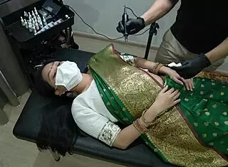 cute indian girl in uniform feels intense orgasm during bathroom tattoo session with amateur massage