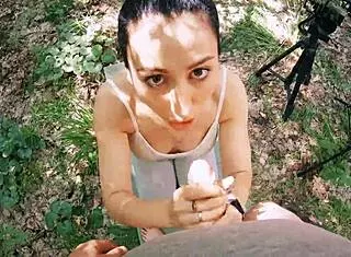 Pov backstage freeuse jerking on ponytail brunette during meditation, huge facial 😏