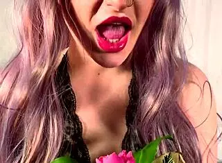 Bitch sucks dildo passionately on valentine's