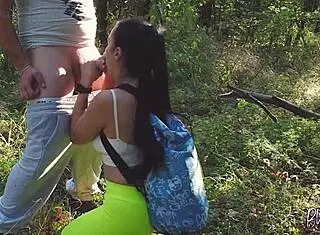 Horny Teen 18+ Hiker Gets Outdoor Blowjob and Doggystyle Quickie with Cum on Ass in Forest