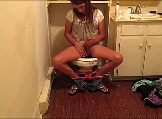 Teen amateur masturbates ass with fingers shooting hot cum load in friend bathroom hidden cam