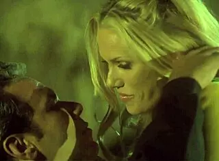 In the evening garden a blonde hottie with small tits rides her man passionately in outdoor missionary fucking