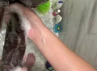Hot curious 18 year old teen enjoys cleaning stepbrother monster cock in shower making big dick cum twice fast