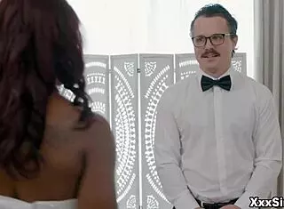 Young brunette bride cheats on wedding day with hardcore deepthroat and rough doggystyle. Robby hides under her dress for secret pussy licking in high definition.