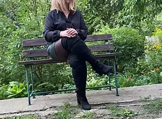 mother in law with big natural tits and hairy pussy feels so powerful flashing in public with chubby belly and saggy tits control