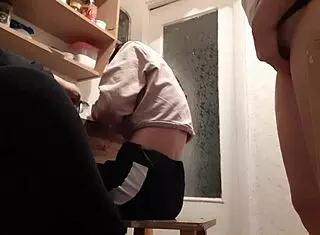 stepmother watches us study for exam and starts masturbating in kitchen. wet pussy fingering leads to homemade lesbian orgasm with clothes ripped.