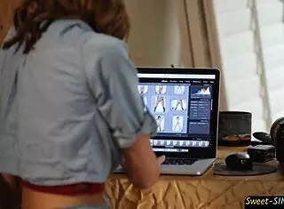 Attractive young model engages intimately with the photographer in storyline fantasy.