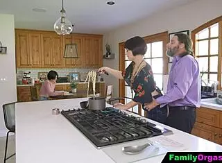 Old man fucks daring stepdaughter and wife bareback in kitchen