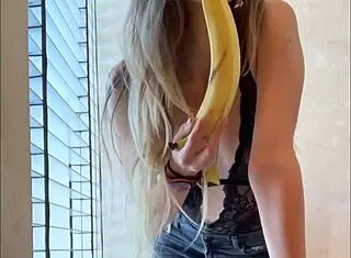 Whoa, check out this juicy pussy lips masturbation with banana in bathroom close up! 🍌😏