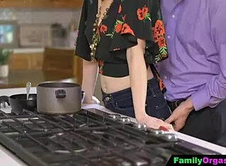 Old man fucks daring stepdaughter and wife bareback in kitchen