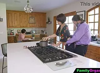Old man fucks daring stepdaughter and wife bareback in kitchen