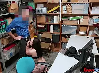Teen creditcard cheater gets caught by a perverted mall cop and faces consequences in the shop