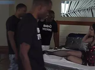 Gang bang whores Christina Sappher, uh, Maxine X and Kitty Jaguar take big black cocks for anal double penetration creampie.