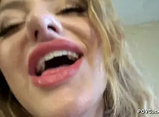 Harmony Rivers as hot wife in femdom cuckold scene makes sissy husband eat creampies from her pussy while watching her fuck lover in chastity