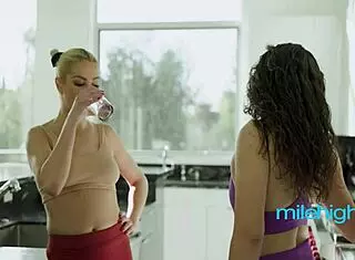 shy blonde squats on brunette's face for mutual masturbation and licking as trainer orders