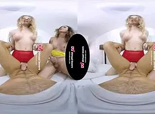 Guy pays two shemales with big tits in lingerie and stockings for 3some pounding!