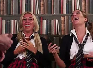 I feel so aroused watching these CFNM college sluts enjoy old perv jerking on them