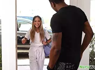 Asian Cutie Petite 18+ Busty Masseuse Covered In Sexy Tats Gives Black Client Nuru Massage - Isiah Maxwell Linda Lan!