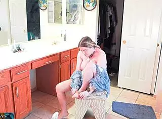 helping stepmom dress turned into missionary sex with big natural tits milf. i got to cum inside her blonde pussy in bathroom