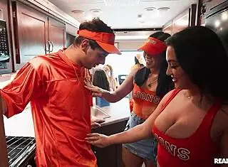 Traveling fan joins asian brunette cheerleader for ffm threesome fuck fest with reality kings