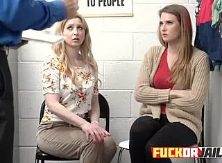 Two hot teens got arrested and now this horny officer is fucking them hard in the office