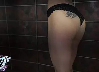 Tattoed teen with big ass tries on beautiful panties in solo play.