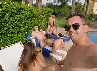Wife Invited Two Hot Couples for Wild Pool Orgy with Blowjobs Cumshots and Doggystyle
