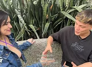 Jade Mercury spots random guy near subway, teases him subtly, invites for video adventure.