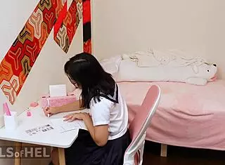 Asian stepdaughter why hide those sex toys from stepdad with tight wet pussy vibrator dildo action in bedroom?