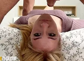 Shy innocent blonde teen 18+ with blue eyes gets rough face fucking. Massive cock chokes her deepthroat in petite babe gagging.