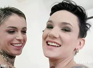 Leigh Raven and Nikki Hearts explore first time lesbian double penetration with anal creampie in lingerie