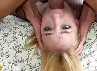 Shy innocent blonde teen 18+ with blue eyes gets rough face fucking. Massive cock chokes her deepthroat in petite babe gagging.