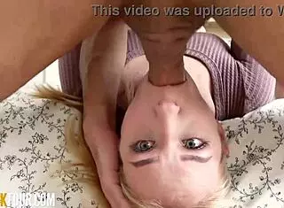 Shy innocent blonde teen 18+ with blue eyes gets rough face fucking. Massive cock chokes her deepthroat in petite babe gagging.