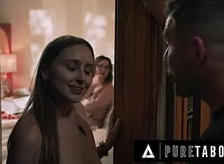 Lesbian Laney Grey seduces frustrated roommate Leana Lovings after cheating catch in dorm FFM threesome.