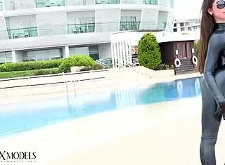 Latex catsuit on flexible black brunette milf wife as fuck doll in outdoor ballerina fetish