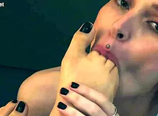 Dominant bitch gags on cock while controlling with wet pussy licking and barefoot foot domination using vibrator
