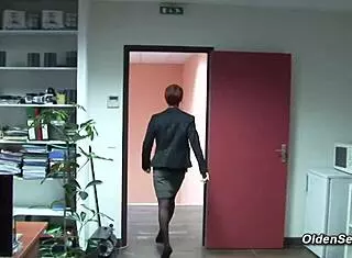 That French business mature lady in stockings gets fucked hard in the office with a condom on