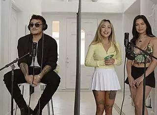 Victor Ray Fucks Linda Lan and Scarlett Alexis in Steamy Asian Threeway. They Ride and Suck on Sofa in FFM.